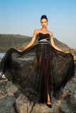 Sparkly Black Spaghetti Straps Tulle A Line Long Formal Dress