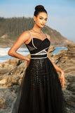 Sparkly Black Spaghetti Straps Tulle A Line Long Formal Dress