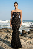 Sparkly Sweetheart Black Mermaid Long Formal Dress with Feathers