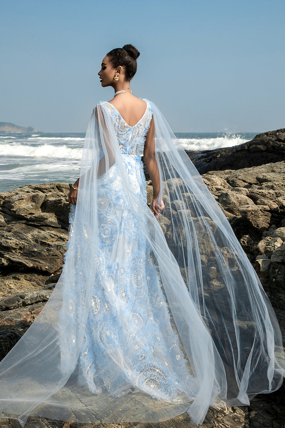 Sparkly Blue V-Neck Sheath Long Formal Dress with Cape Sleeves