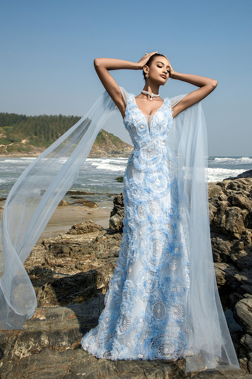 Sparkly Blue V-Neck Sheath Long Formal Dress with Cape Sleeves