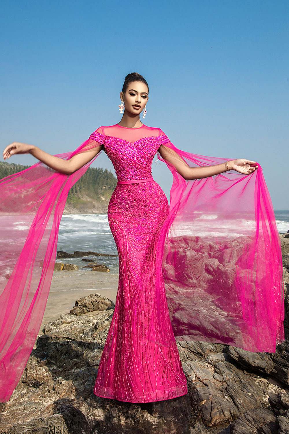 Sparkly Fuchsia Mermaid Sequins Long Formal Dress with Cape Sleeves