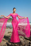 Sparkly Fuchsia Mermaid Sequins Long Formal Dress with Cape Sleeves