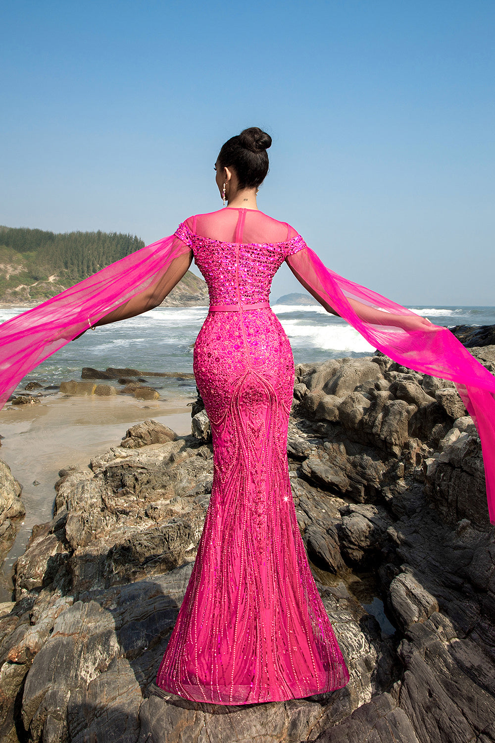 Sparkly Fuchsia Mermaid Sequins Long Formal Dress with Cape Sleeves
