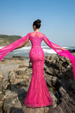 Sparkly Fuchsia Mermaid Sequins Long Formal Dress with Cape Sleeves