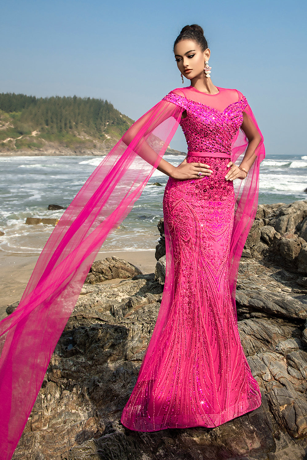 Sparkly Fuchsia Mermaid Sequins Long Formal Dress with Cape Sleeves