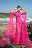 Sparkly Fuchsia Mermaid Sequins Long Formal Dress with Cape Sleeves