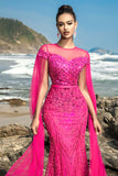 Sparkly Fuchsia Mermaid Sequins Long Formal Dress with Cape Sleeves