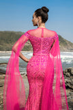 Sparkly Fuchsia Mermaid Sequins Long Formal Dress with Cape Sleeves