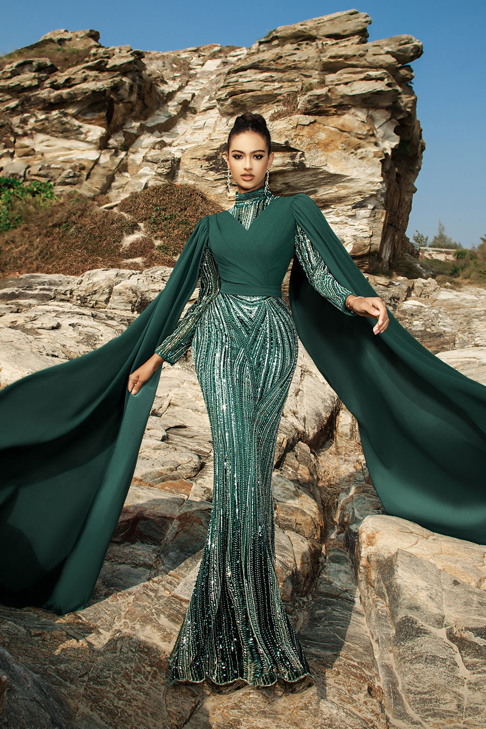 Sparkly Dark Green Mermaid Long Formal Dress with Cape Sleeves