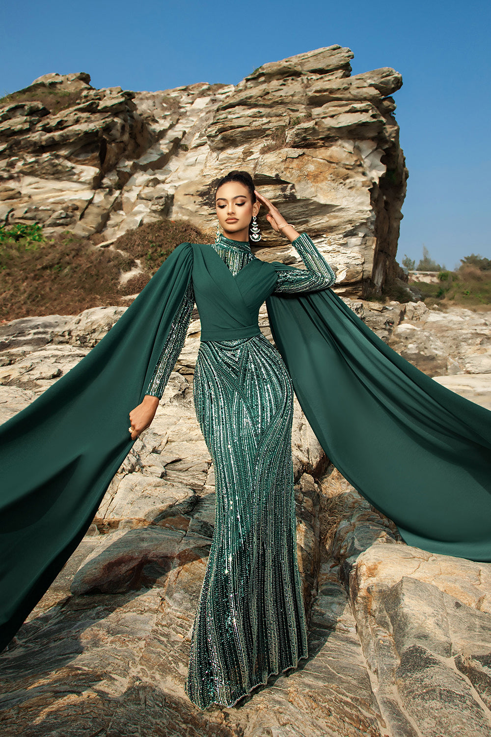 Sparkly Dark Green Mermaid Long Formal Dress with Cape Sleeves