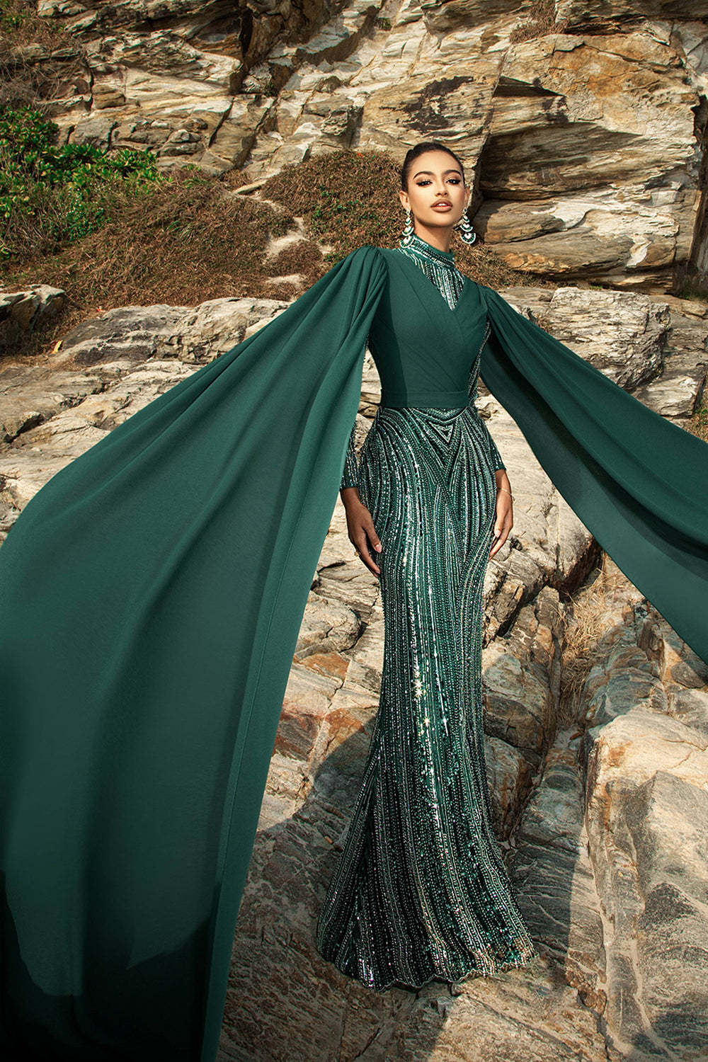 Sparkly Dark Green Mermaid Long Formal Dress with Cape Sleeves