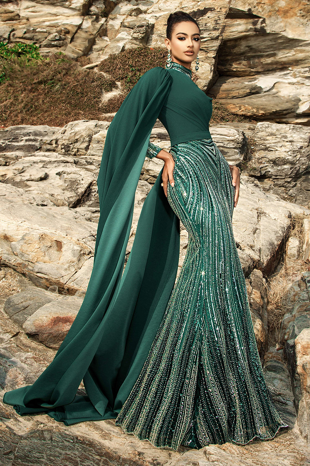 Sparkly Dark Green Mermaid Long Formal Dress with Cape Sleeves