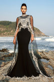 Sparkly Black Mermaid Appliqued Long Formal Dress with Detachable Cape
