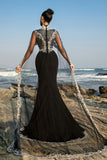 Sparkly Black Mermaid Appliqued Long Formal Dress with Detachable Cape