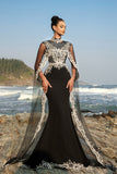 Sparkly Black Mermaid Appliqued Long Formal Dress with Detachable Cape