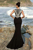 Sparkly Black Mermaid Appliqued Long Formal Dress with Detachable Cape