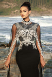 Sparkly Black Mermaid Appliqued Long Formal Dress with Detachable Cape