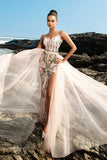 Sparkly Blush Spaghetti Straps Mermaid Long Formal Dress with Cape