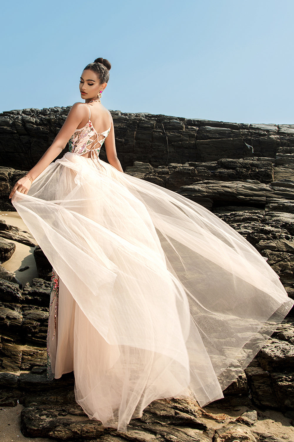 Sparkly Blush Spaghetti Straps Mermaid Long Formal Dress with Cape