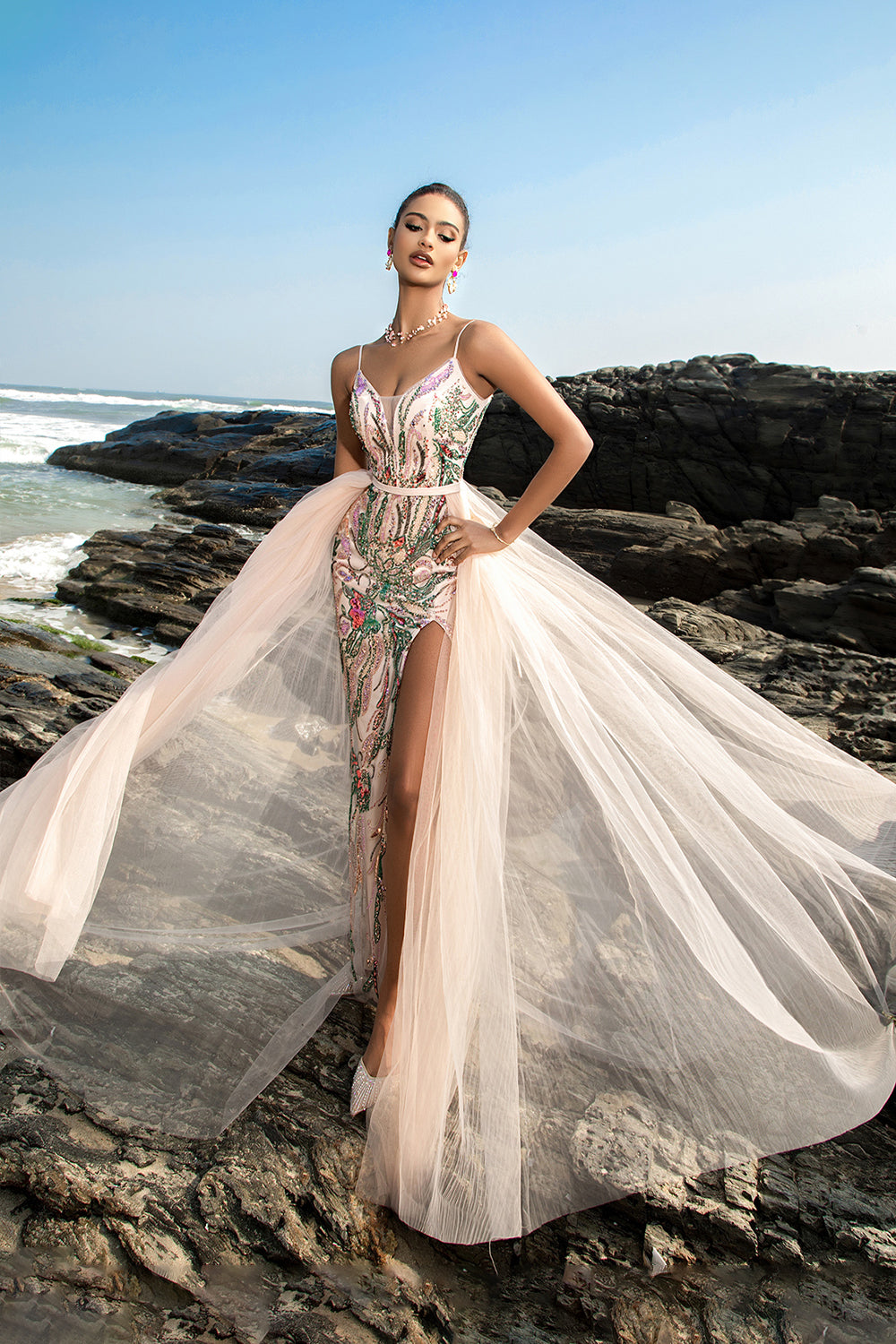 Sparkly Blush Spaghetti Straps Mermaid Long Formal Dress with Cape