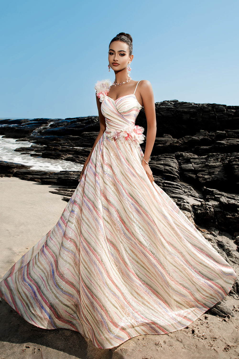 Sparkly Apricot A Line Sequin Long Formal Dress with 3D Flowers