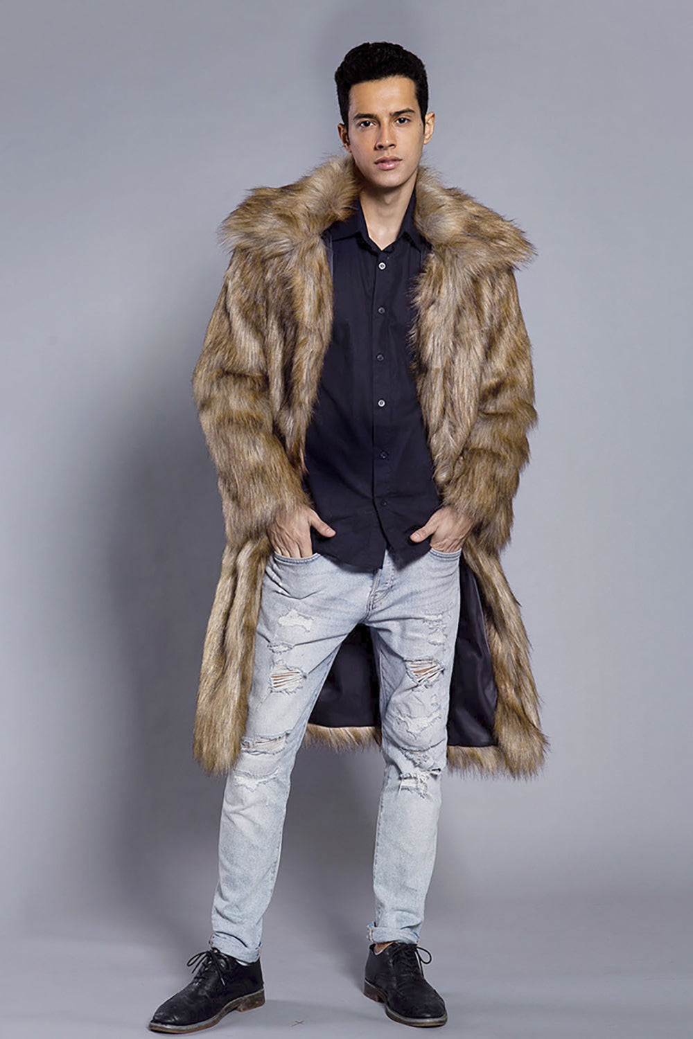 Brown Lapel Front Open Maxi Faux Fur Men's Winter Coat