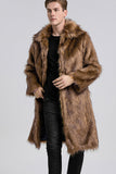 Brown Lapel Front Open Maxi Faux Fur Men's Winter Coat