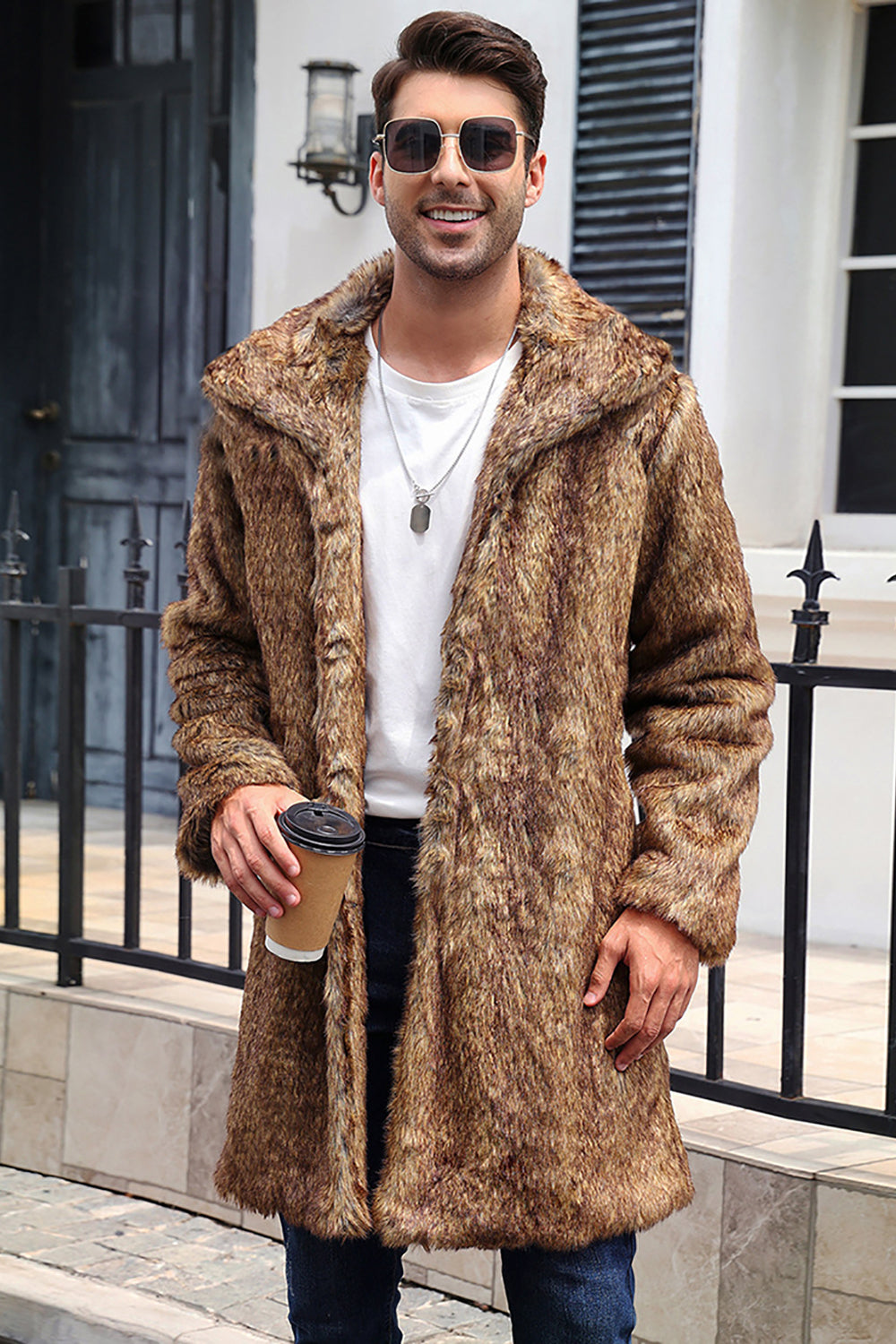 White Grey Long Front Open Puffy Faux Fur Men's Coat