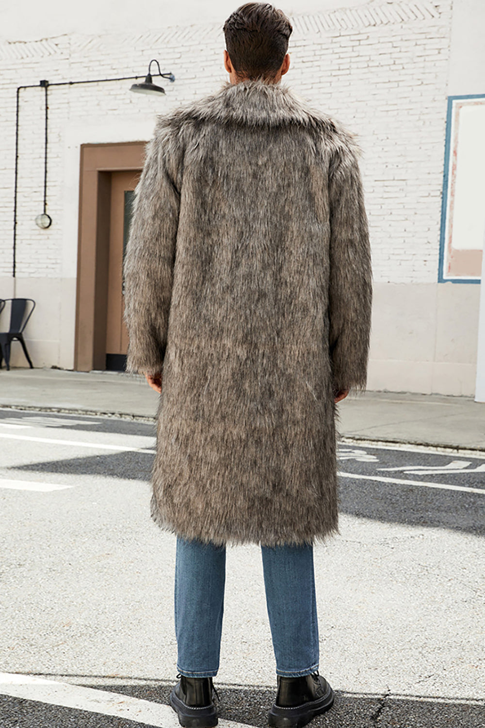 White Grey Long Front Open Puffy Faux Fur Men's Coat