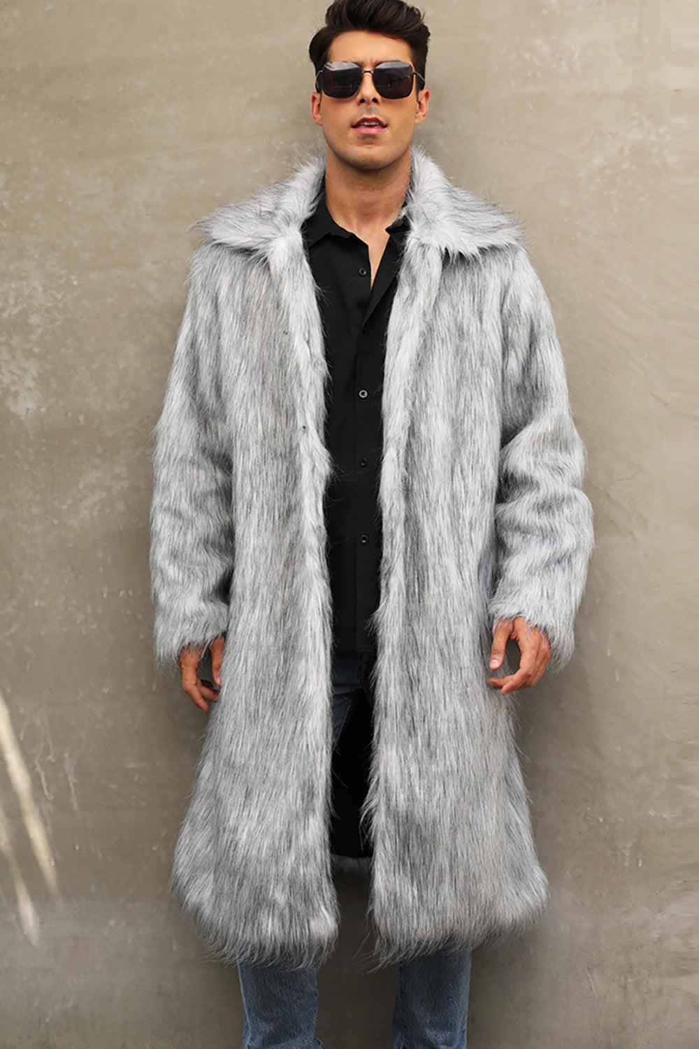 White Grey Long Front Open Puffy Faux Fur Men's Coat