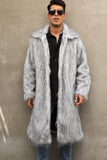 White Grey Long Front Open Puffy Faux Fur Men's Coat