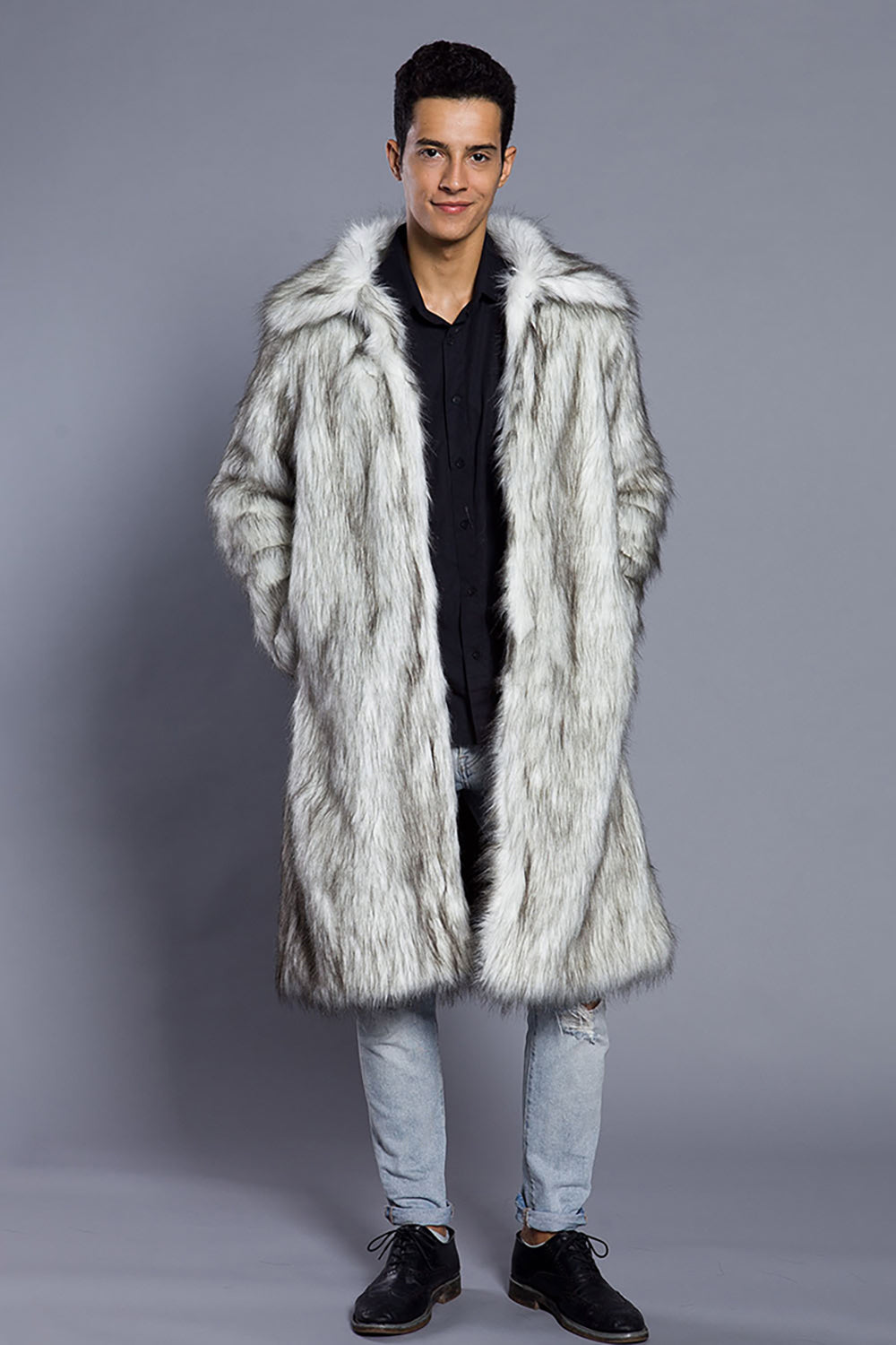 White Grey Long Front Open Puffy Faux Fur Men's Coat