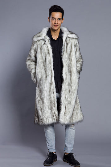 White Grey Long Front Open Puffy Faux Fur Men's Coat