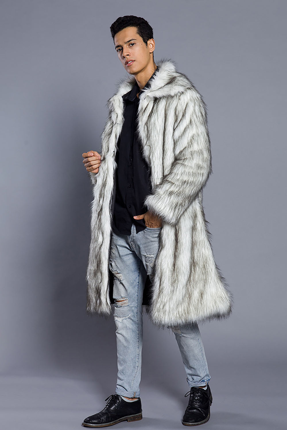 White Grey Long Front Open Puffy Faux Fur Men's Coat