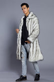 White Grey Long Front Open Puffy Faux Fur Men's Coat
