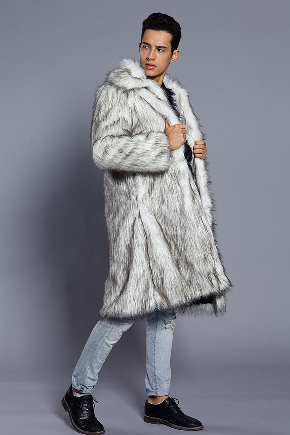 White Grey Long Front Open Puffy Faux Fur Men's Coat