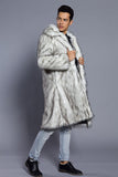 White Grey Long Front Open Puffy Faux Fur Men's Coat