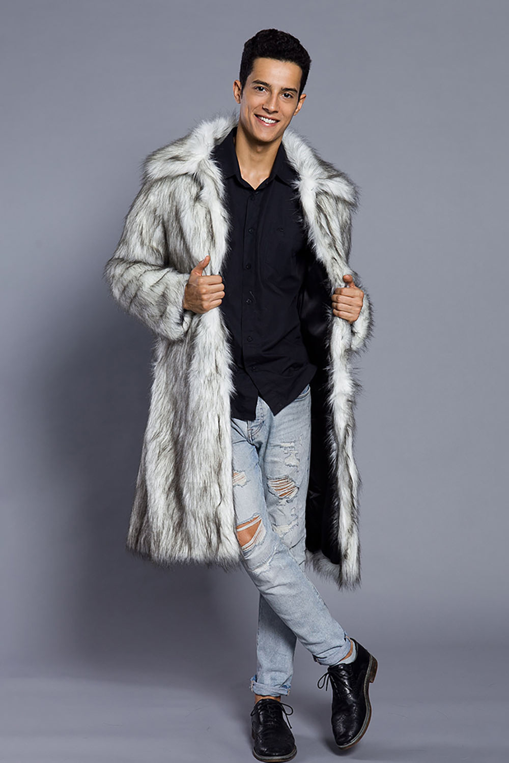White Grey Long Front Open Puffy Faux Fur Men's Coat