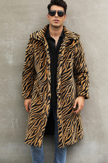 White and Black Straps Long Faux Fur Men's Winter Coat