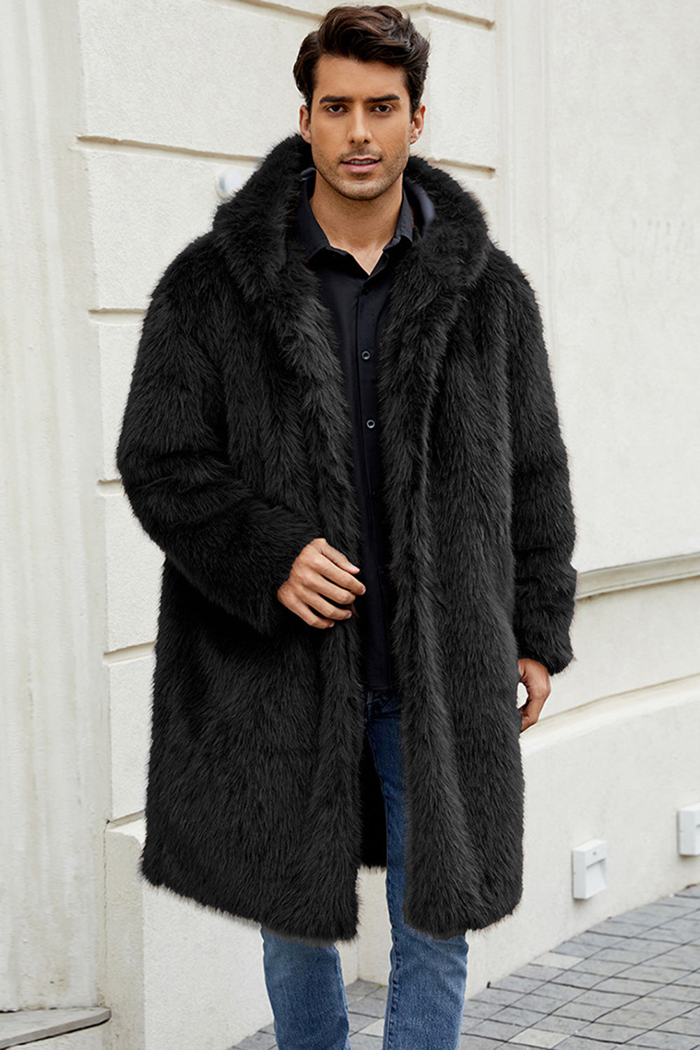 Black Hooded Faux Fur Long Warm Winter Men's Coat