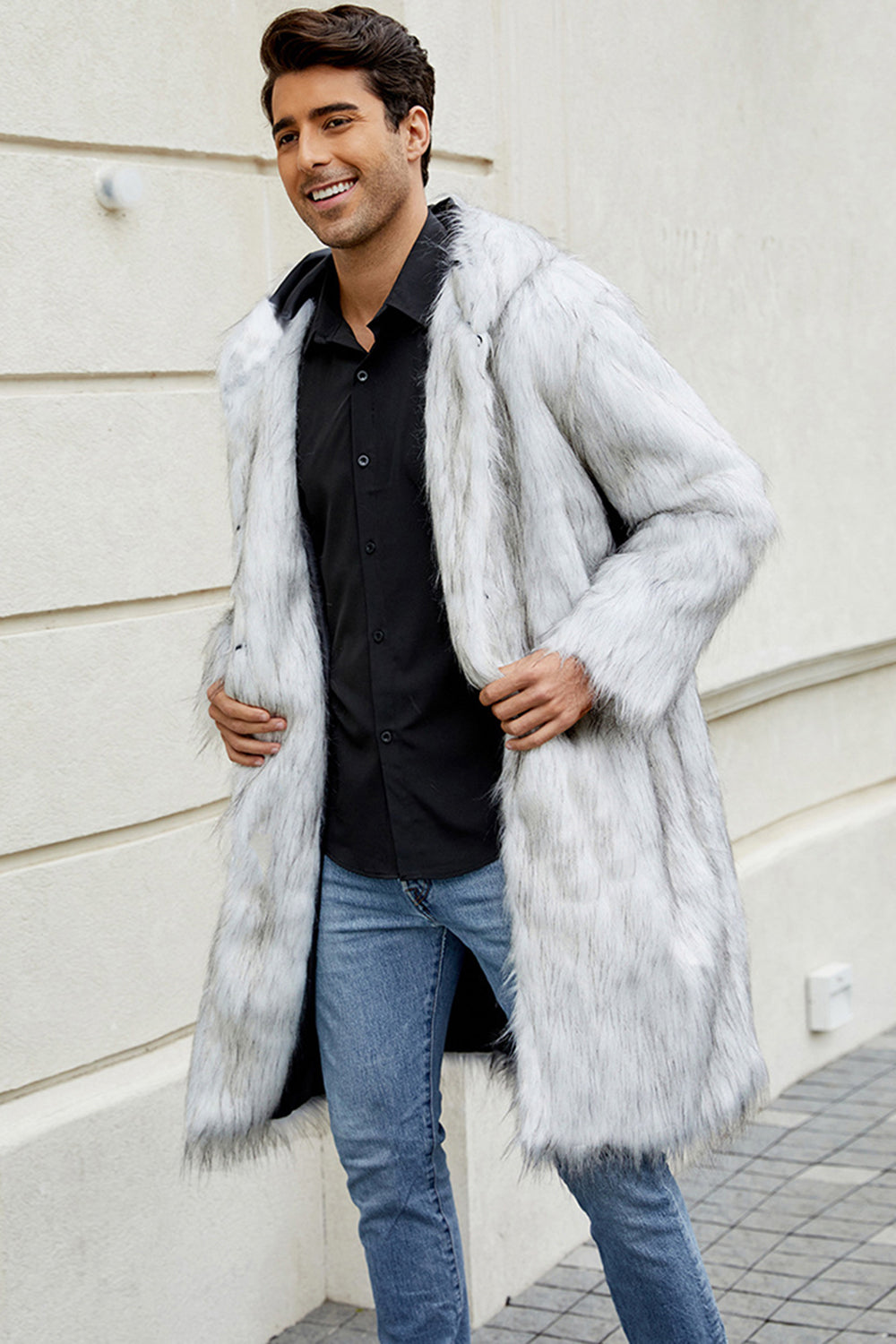 Black Hooded Faux Fur Long Warm Winter Men's Coat