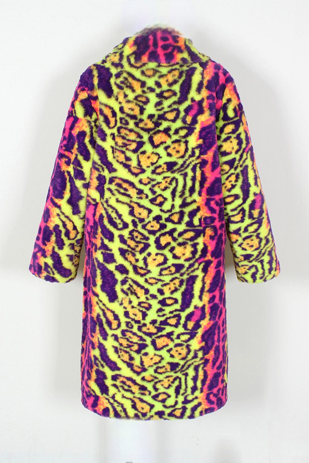 Colorful Leopard Open Front Long Faux Fur Winter Men's Coat
