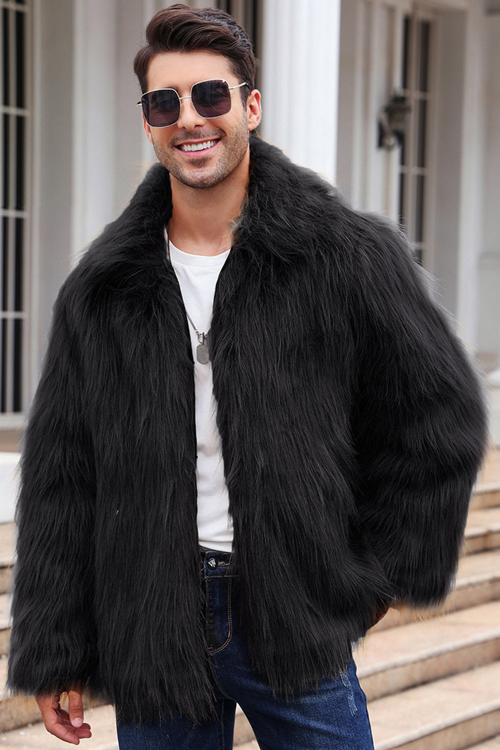 Black Fluffy Lapel Men's Faux Fur Winter Coat