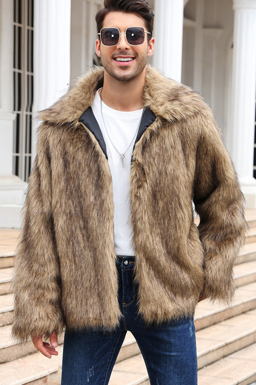 Black Fluffy Lapel Men's Faux Fur Winter Coat