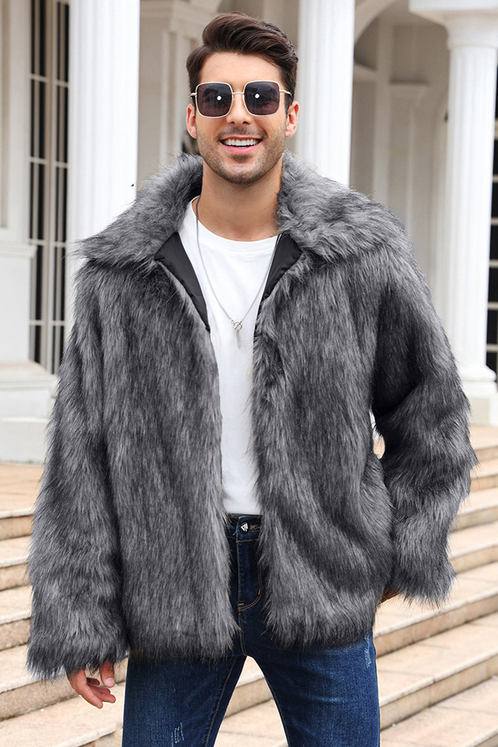 Black Fluffy Lapel Men's Faux Fur Winter Coat
