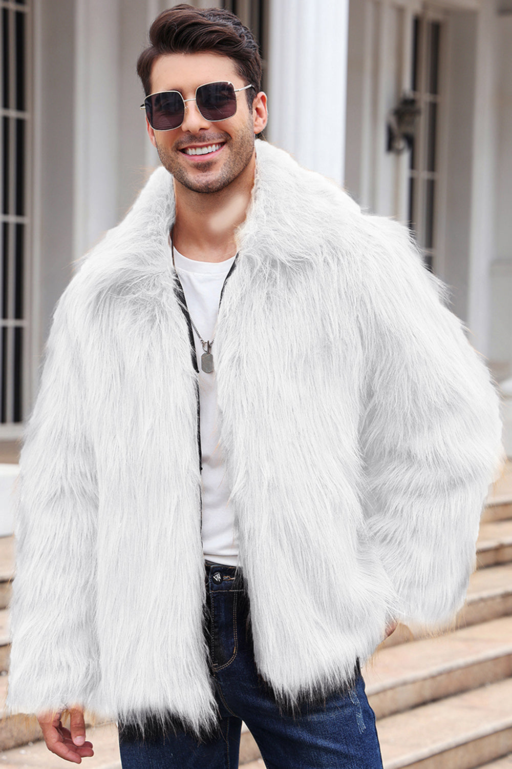 Black Fluffy Lapel Men's Faux Fur Winter Coat