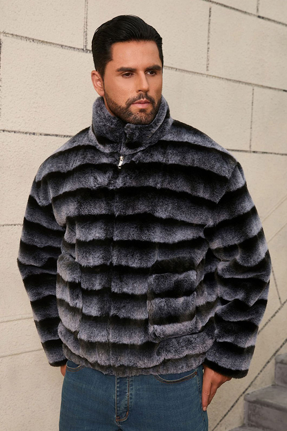 Dark Grey Straps Faux Fur Short Winter Men's Coat