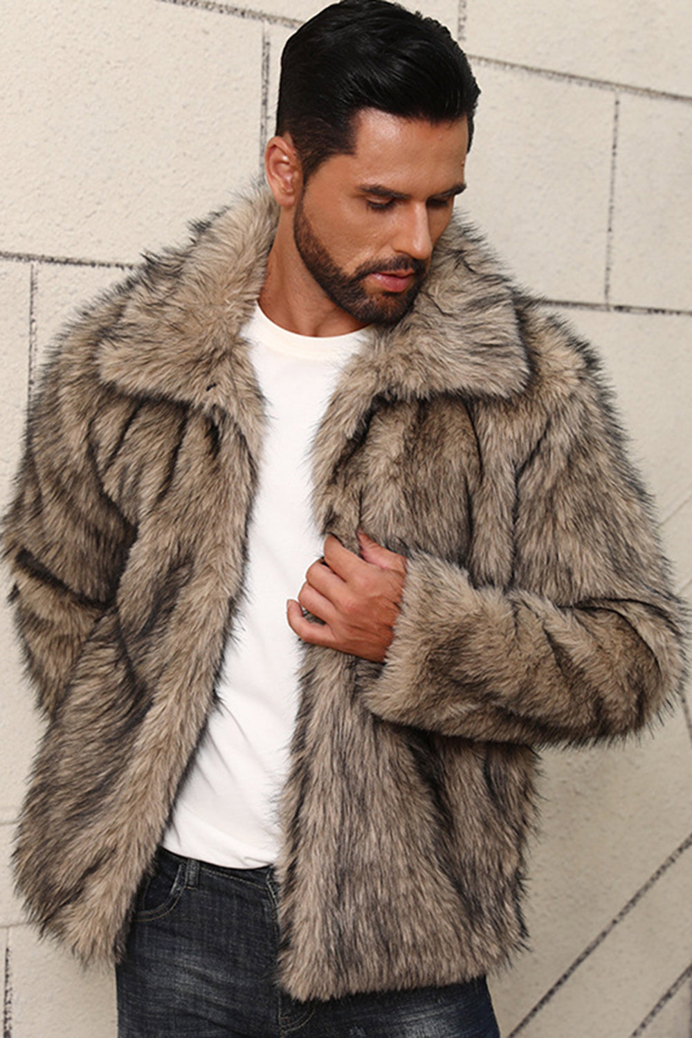 Grey Lapel Faux Fur Short Winter Men's Coat