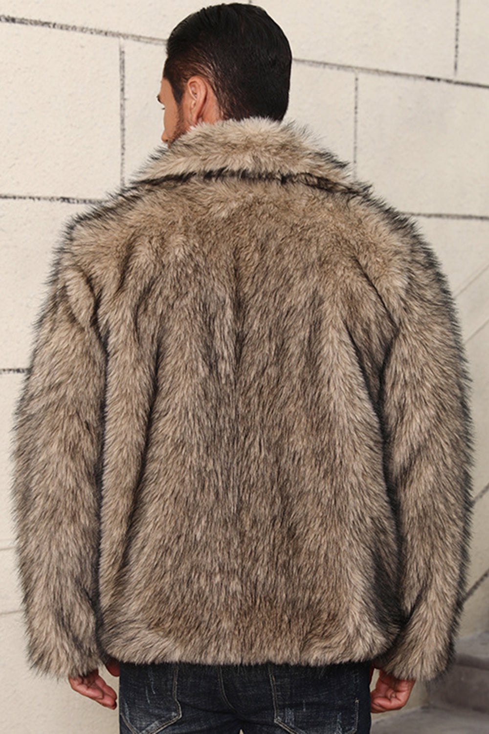 Grey Lapel Faux Fur Short Winter Men's Coat